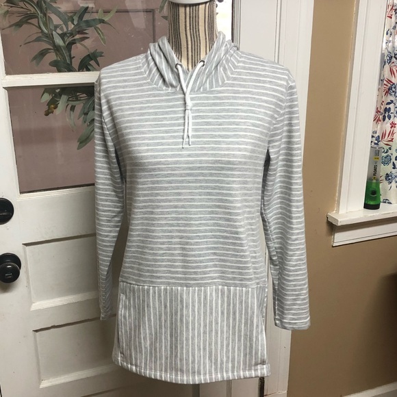 RBX Tops - RBX gray/white stripe long sleeve hooded top